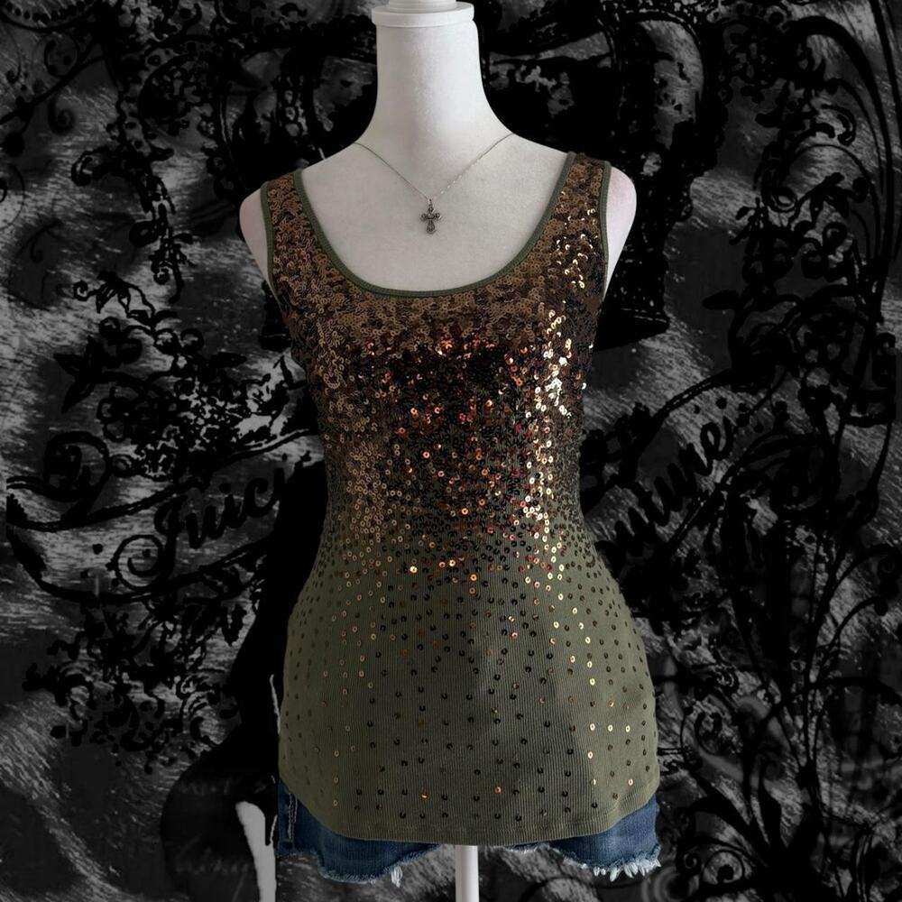 sequins shimmering olive khaki green glam pop skinny going out night tank top